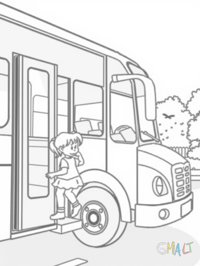 Ein Schulbus mit geöffneter Vordertür. Kleine Kinder mit Schulranzen steigen die Stufen hinauf. Der Bus hat eine typisch gelbe Farbe und schwarze Stoßstangen.