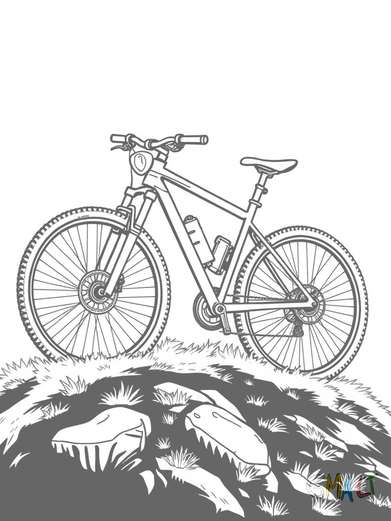Ein Mountainbike steht aufrecht auf einem kleinen Hügel. Die Räder haben ein grobes Profil und der Lenker ist leicht nach vorne geneigt. Vorne und hinten sind Reflektoren angebracht.