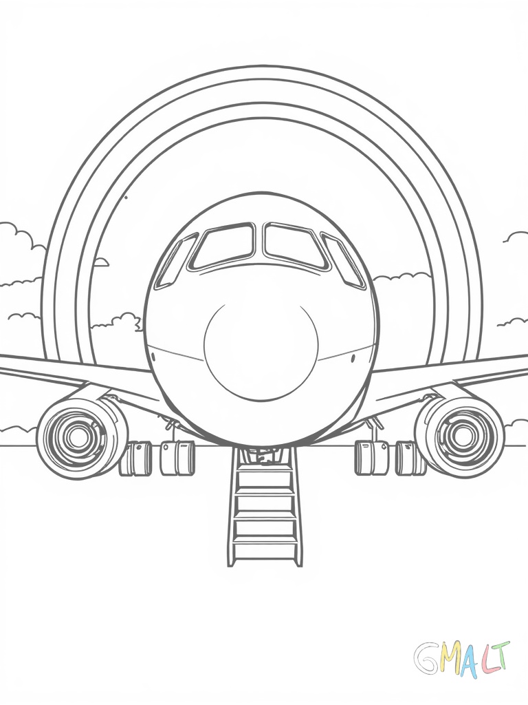 Ein Rundflugzeug steht am Boden. Die Tür ist geöffnet und eine kleine Treppe führt zum Eingang.