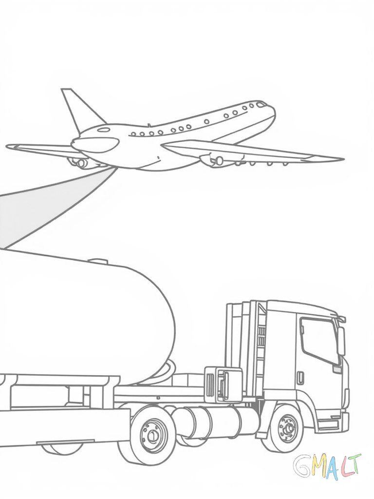 Ein Flugzeug wird von einem Tankwagen betankt. Der gelbe Tankschlauch ist mit dem Flügeltank verbunden.