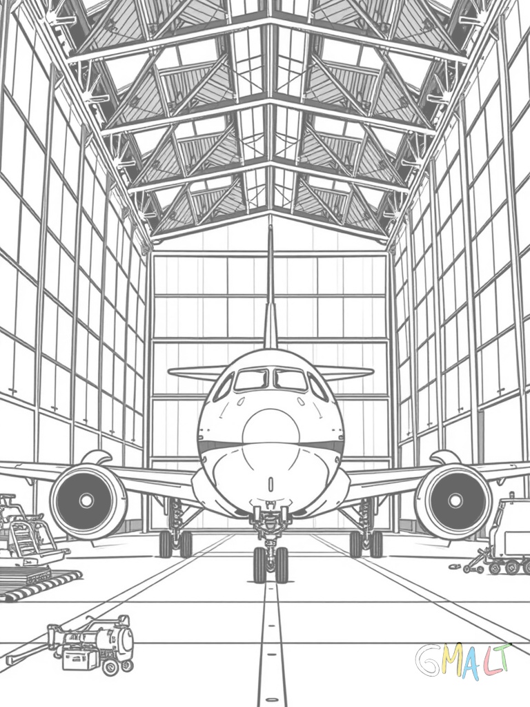 Ein Flugzeug steht in einem Hangar. Die großen Hangartore sind weit geöffnet und Werkzeuge liegen neben dem Flugzeug.