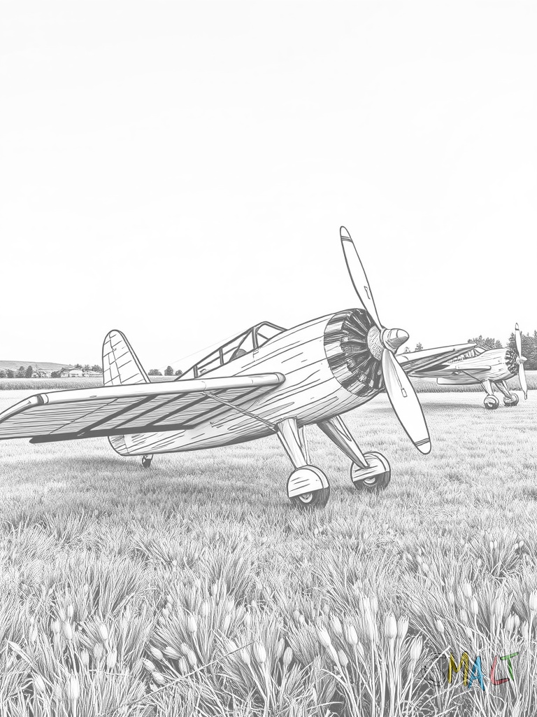 Ein historisches Flugzeug aus Holz und Stoff steht auf einer Wiese. Der Holzpropeller ist deutlich zu erkennen.