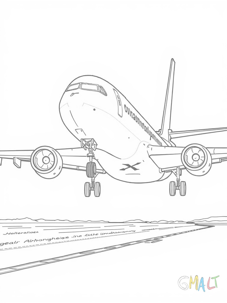 Ein großes Passagierflugzeug startet gerade von der Landebahn. Die Nase zeigt leicht nach oben und die Räder haben noch Bodenkontakt.