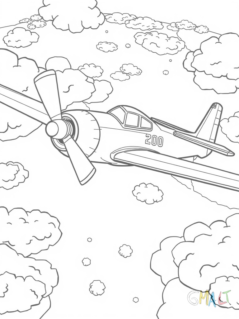 Ein Propellerflugzeug fliegt über Wolken. Die Propeller drehen sich und kleine Wolkenballen sind unter den Tragflächen zu sehen.