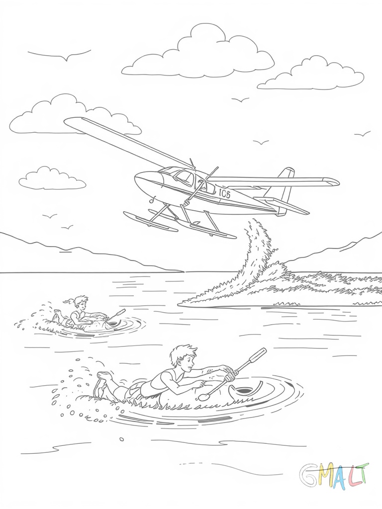 Ein Wasserflugzeug landet auf einem See. Die Schwimmer berühren gerade die Wasseroberfläche und kleine Wassertropfen spritzen.