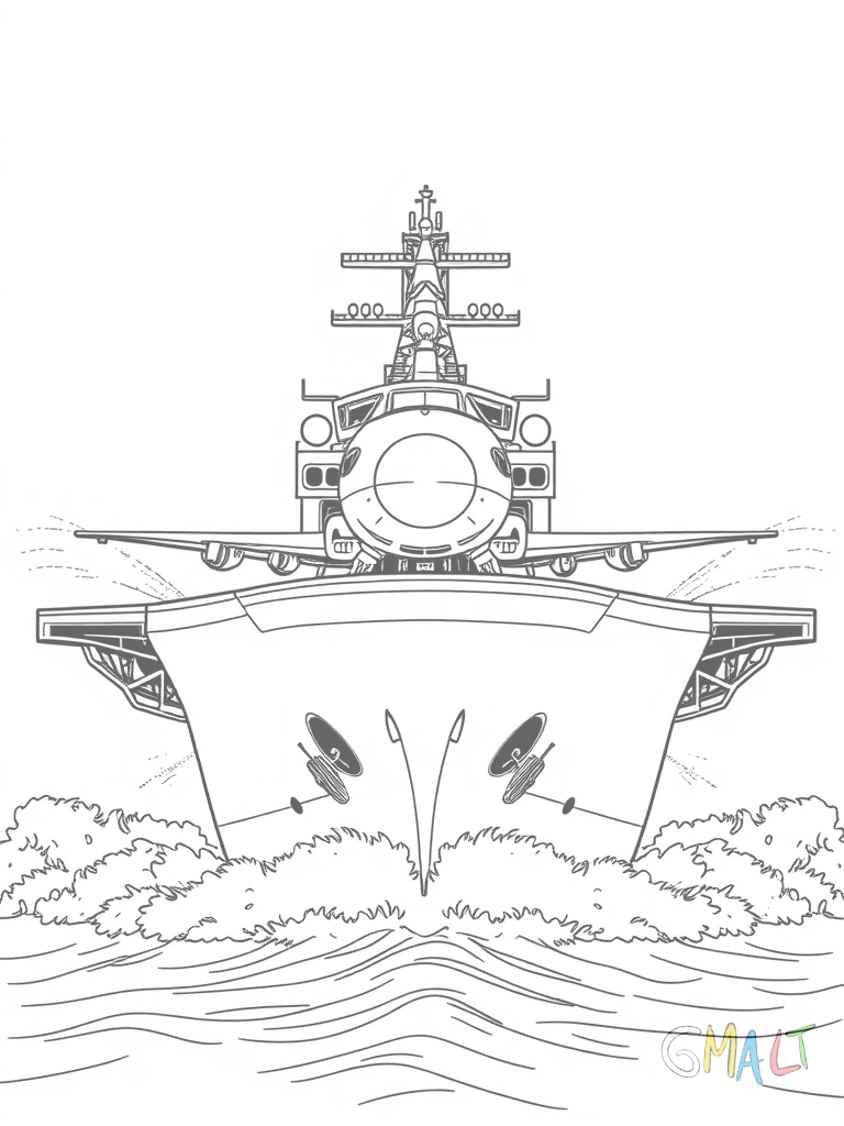 Frontansicht eines Flugzeugträgers der durch hohe Wellen pflügt. Wassergischt spritzt an den Seiten hoch. Auf dem Deck sind die Flugzeuge mit Seilen gesichert.