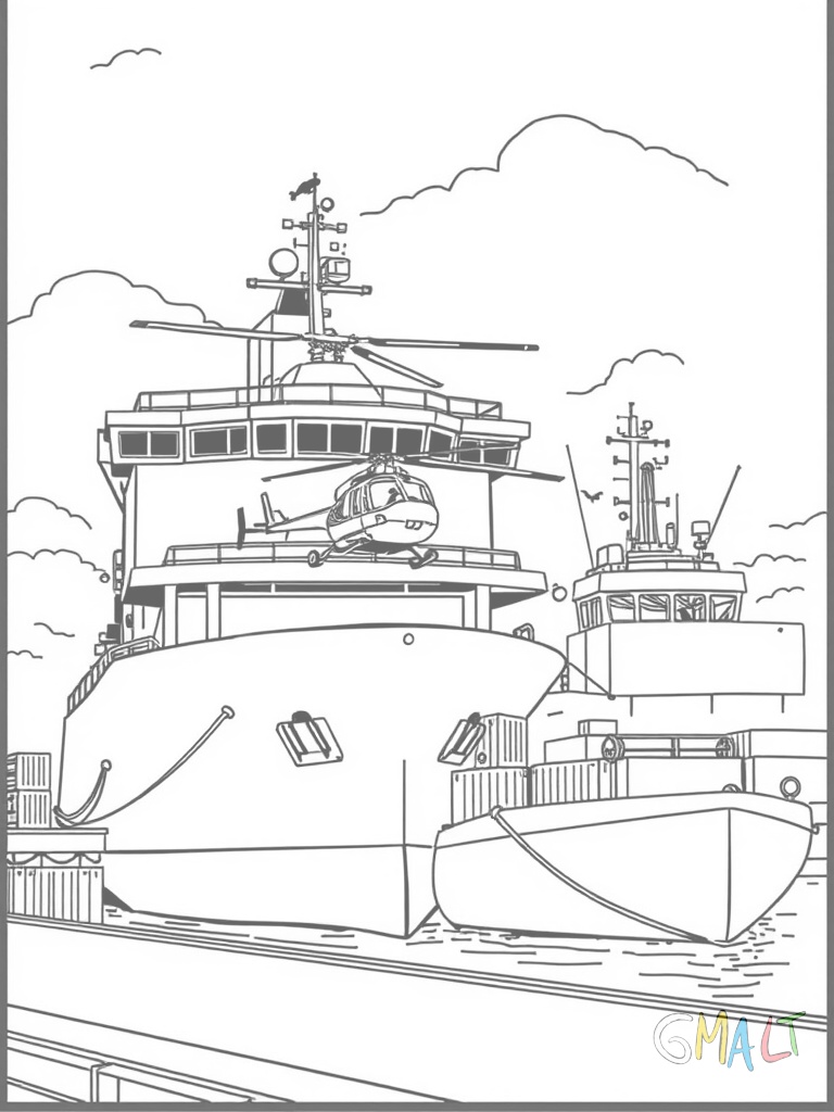 Ein Flugzeugträger im Hafen mit mehreren geparkten Helikoptern auf dem Deck. Ein Versorgungsschiff liegt längsseits und Kräne verladen Container. Die Landungslichter sind eingeschaltet.