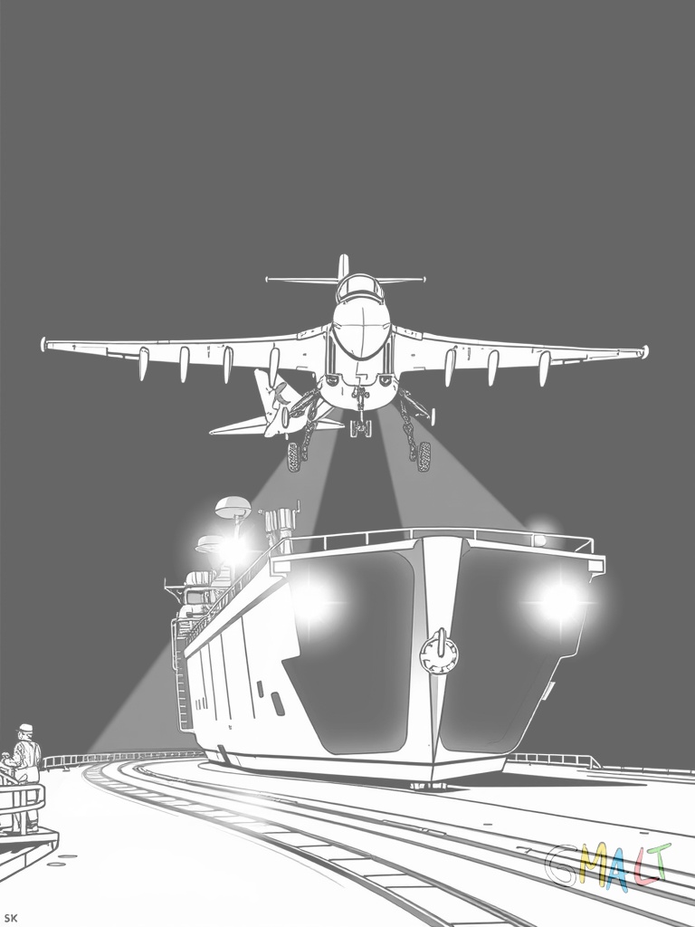 Ein Flugzeugträger bei Nacht mit beleuchteter Landebahn. Ein Kampfjet ist gerade dabei zu landen während Deck-Personal mit Leuchtstäben Signale gibt.