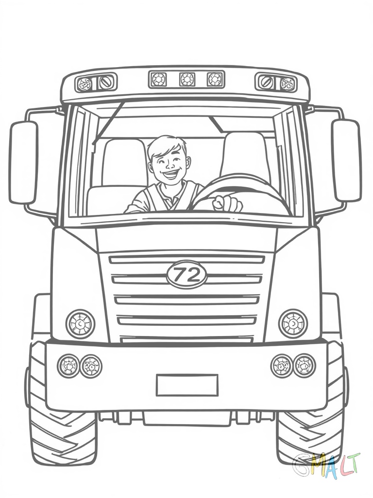 Ein Gabelstapler wird von vorne gezeigt mit leicht angehobenen Gabeln. Der Fahrer winkt fröhlich. Die Scheinwerfer sind eingeschaltet. Auf der Seite ist eine große Nummer aufgemalt. Das Gegengewicht am Heck ist deutlich zu erkennen.