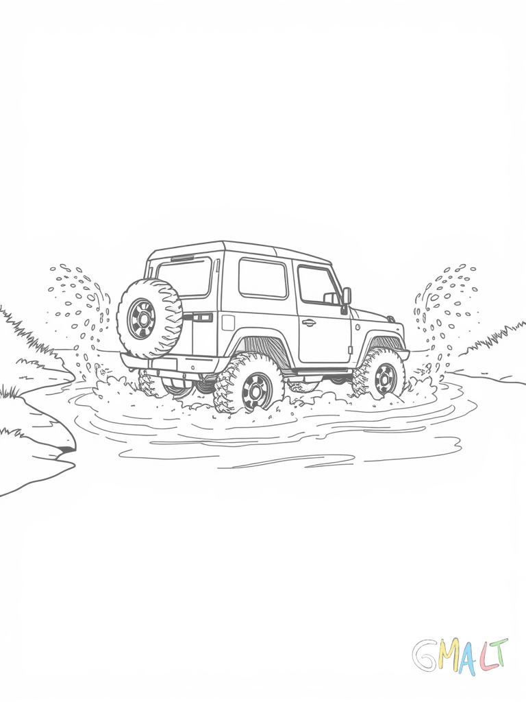 Ein Geländewagen durchquert einen Bach. Wasserfontänen spritzen an beiden Seiten hoch. Der Wagen ist von der Seite zu sehen mit hochgelegtem Fahrwerk und Schutzplatten unter dem Fahrzeug.