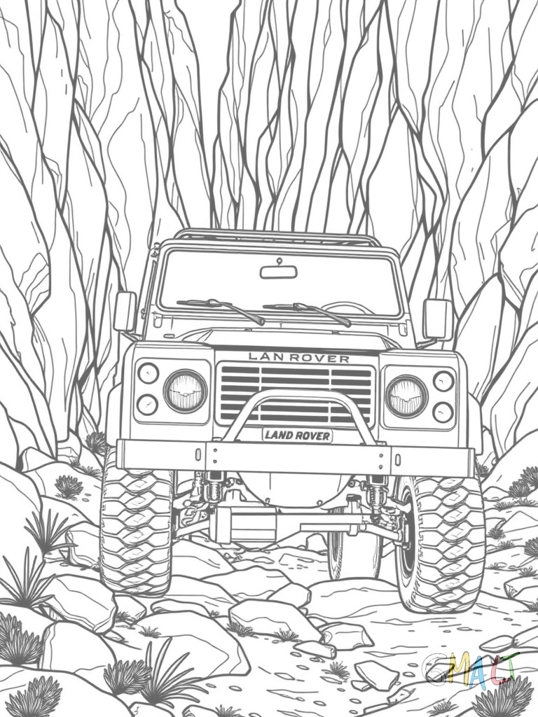 Ein Land Rover klettert einen steilen Hang hinauf. Die großen Reifen graben sich in den felsigen Untergrund. Der Geländewagen ist in Dreiviertelansicht von vorne zu sehen mit deutlich sichtbarer Frontpartie und Kühlergrill.