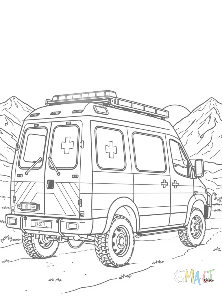 Ein Rettungsgeländewagen mit Blaulicht auf dem Dach und Rettungssymbolen an den Seiten. Der Wagen hat erhöhte Bodenfreiheit und verstärkte Stoßfänger. Im Hintergrund sind Berge angedeutet.