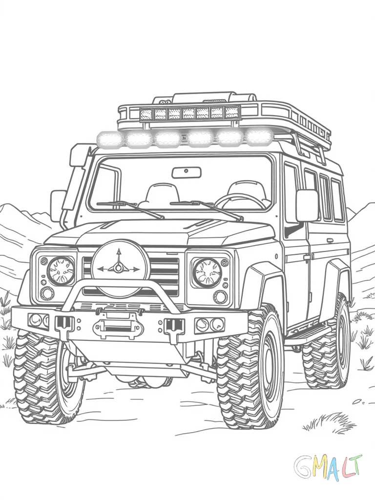 Ein Expeditions-Geländewagen mit Dachzelt und seitlich montierter Markise. Am Heck ist ein Reserverad befestigt. Zusätzliche LED-Leuchten sind an einem Frontbügel montiert. Große Sandbleche sind an der Seite befestigt.