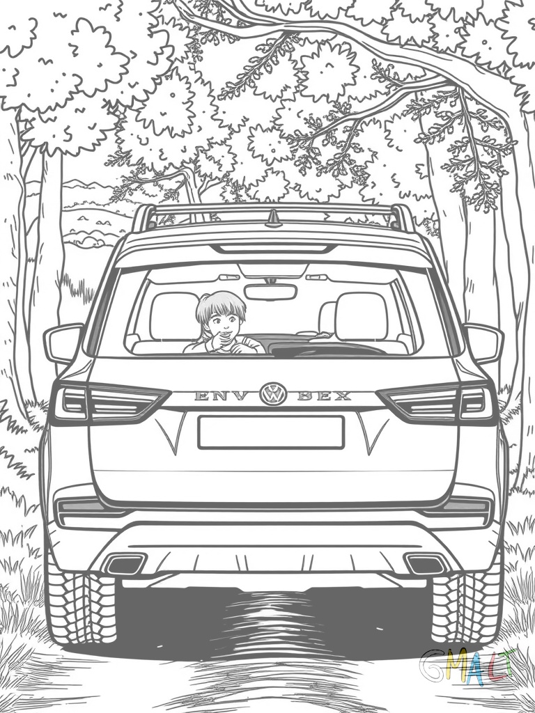 Ein moderner SUV auf einem Waldweg. Durch die großen Fenster sieht man eine vierköpfige Familie. Auf der Motorhaube und den Türen sind Schlammspritzer. Im Hintergrund sind Nadelbäume angedeutet.