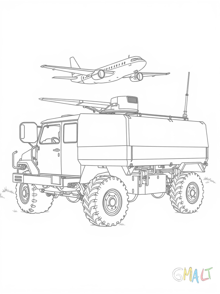 Ein Militär-Geländewagen mit Plane über der Ladefläche steht in Seitenansicht. Große Sternantennen sind am Heck montiert. Die Räder haben ein grobes Profil und Kettenglieder sind um die Reifen gelegt.