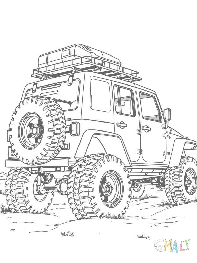 Ein robuster Jeep von der Seite mit großen Geländereifen. Auf dem Dach ist ein Gepäckträger montiert. Die Frontstoßstange hat eine Seilwinde. Die Türen sind ausgebaut und die vorderen Kotflügel haben Schutzbleche.