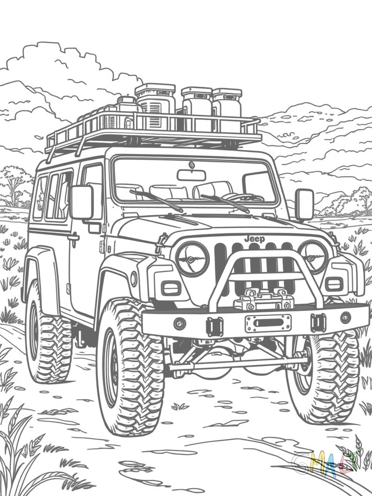 Ein Safari-Jeep in Savannen-Umgebung. Auf dem verstärkten Dachgepäckträger sind Ersatzkanister und Werkzeugkisten befestigt. Der Wagen hat ein Frontschutzbügel und zusätzliche Scheinwerfer.