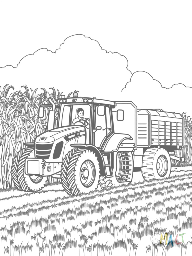 Ein Maishäcksler erntet eine Reihe hoher Maispflanzen. Der Maispflücker vorne schneidet die Pflanzen ab. Ein Traktor mit Anhänger fährt links daneben her um das gehäckselte Material aufzufangen.