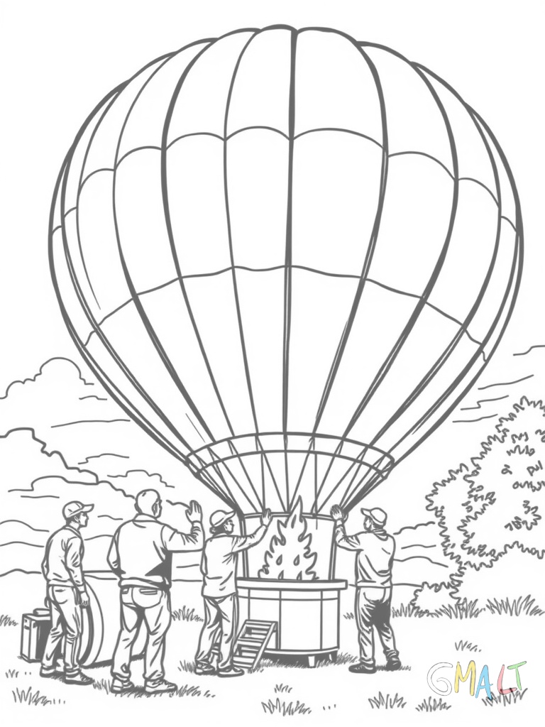 Ein Heißluftballon wird für den Start vorbereitet. Der Ballon liegt noch auf der Seite. Vier Menschen helfen beim Aufbau. Die Flamme wird gerade getestet.
