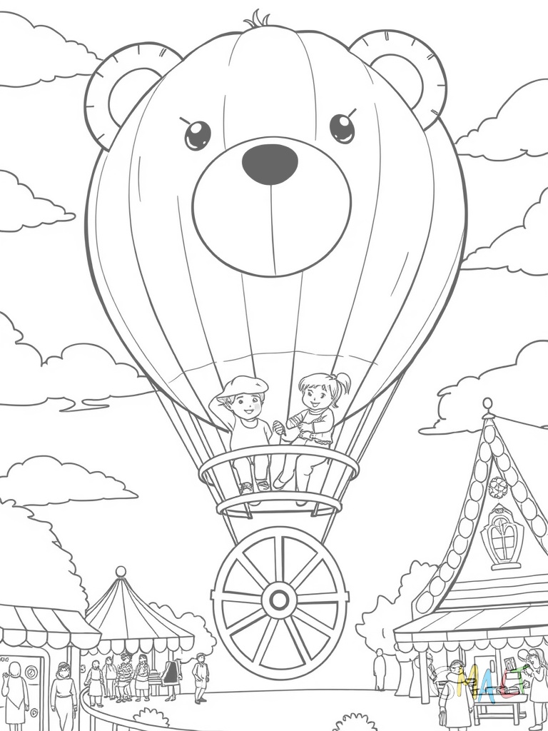 Ein Heißluftballon in Form eines großen Teddybären schwebt über einem Jahrmarkt. Im Korb sitzt eine Familie mit zwei Kindern. Unten sind ein Riesenrad und Karussells zu sehen.