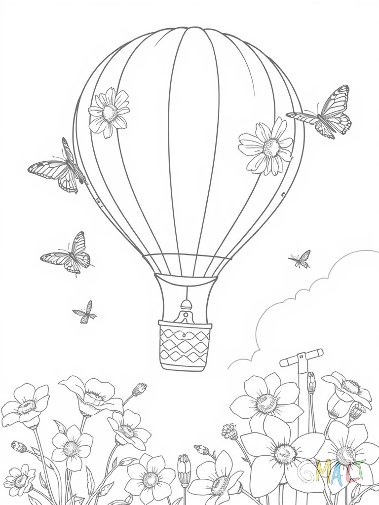 Ein Heißluftballon fliegt über eine Blumenwiese. Schmetterlinge umflattern den Korb. Eine Picknickdecke und ein Korb sind im Ballonkorb zu sehen. Der Ballon hat Blumenmuster.