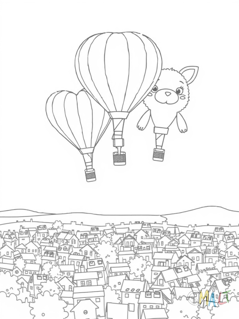 Drei Heißluftballons fliegen nebeneinander über eine Stadt. Die Ballons haben verschiedene Formen: ein Herz ein klassischer runder Ballon und ein Ballon in Tierform. Unten sind kleine Häuser zu sehen.