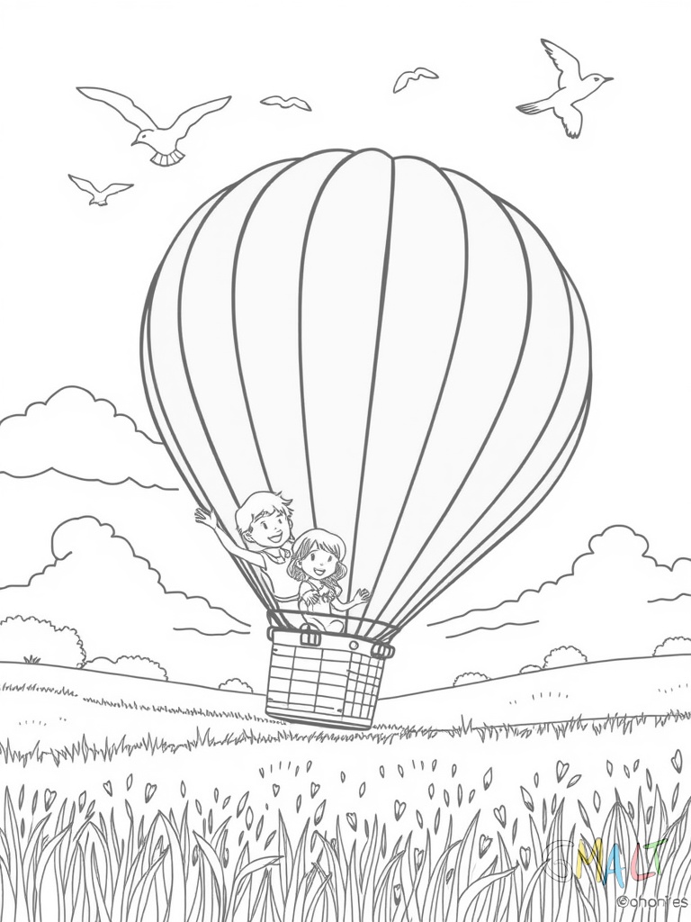 Ein bunter Heißluftballon schwebt über einer grünen Wiese. Im Korb winken zwei fröhliche Kinder. Am Himmel fliegen drei Vögel vorbei. Der Ballon hat rote und blaue Streifen.