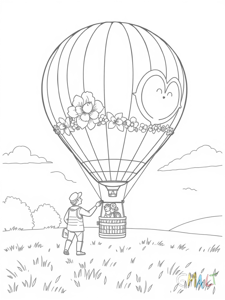 Ein Heißluftballon landet sanft auf einer Wiese. Zwei Helfer am Boden ziehen an den Seilen. Der Korb ist mit Blumengirlanden geschmückt. Der Ballon hat ein Regenbogenmuster.