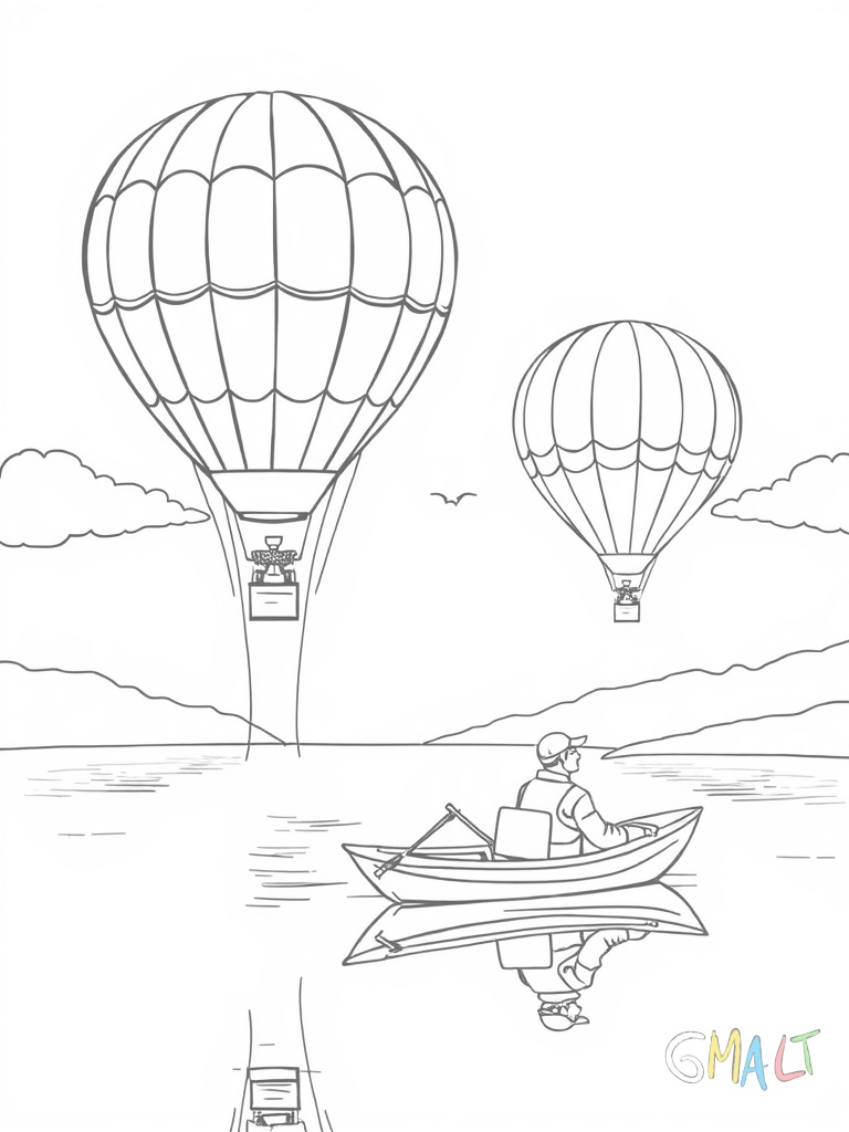 Ein Heißluftballon schwebt über einem See. Im Wasser spiegelt sich der bunte Ballon. Ein Fischer in seinem Boot schaut nach oben. Der Ballon hat ein Wellenmuster in Blautönen.