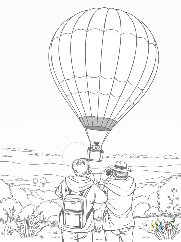 Ein Heißluftballon fliegt bei Sonnenaufgang. Die aufgehende Sonne ist am Horizont zu sehen. Zwei Passagiere fotografieren die Aussicht. Der Ballon hat gelbe und orange Farben.