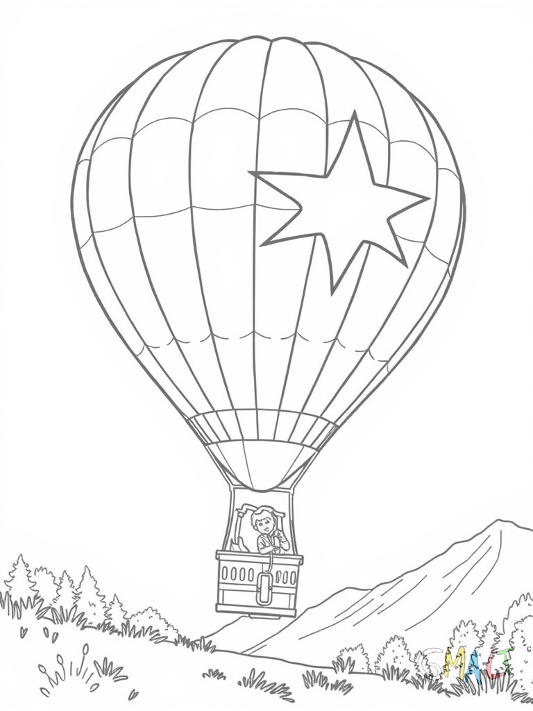 Ein großer Heißluftballon startet gerade von einer Bergwiese aus. Die Flamme lodert und der Ballon hebt langsam ab. Ein Pilot steht im Korb und prüft die Instrumente. Der Ballon hat ein Sternenmuster.