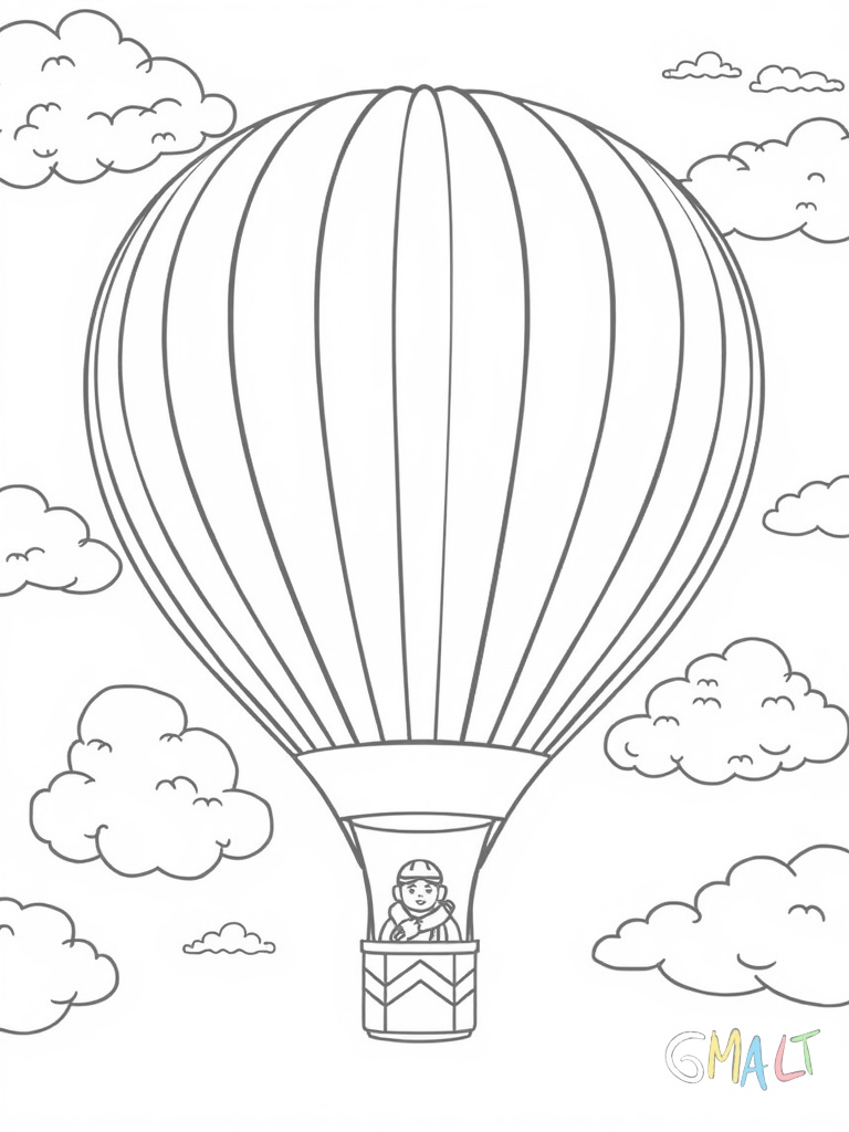 Ein Heißluftballon schwebt zwischen Wolken. Ein Regenbogen erscheint am Himmel. Im Korb steht ein Pilot mit roter Mütze. Der Ballon hat weiße Taubenmotive.