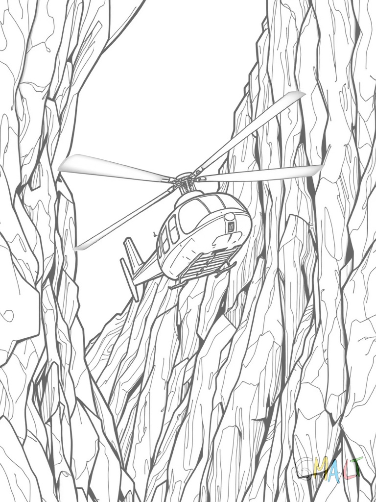 Ein Hubschrauber fliegt durch eine Bergschlucht. Die Rotorblätter werfen bewegte Schatten auf die Felswände.