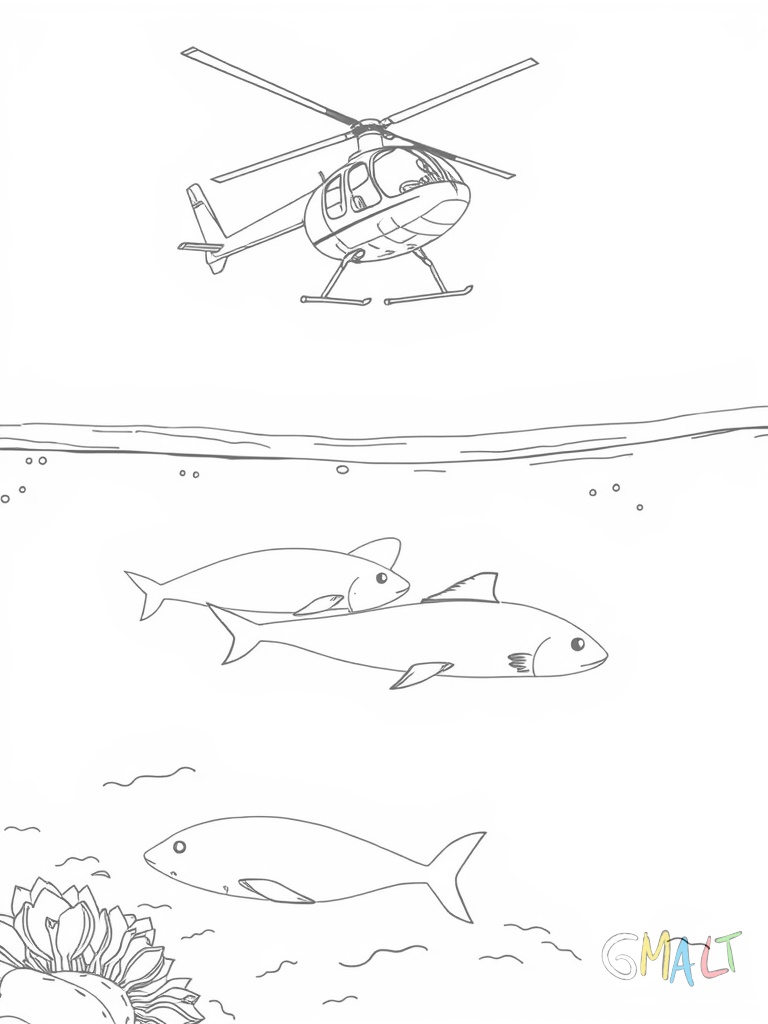 Ein Hubschrauber fliegt über das Meer. Unter ihm schwimmen Delfine im klaren Wasser.