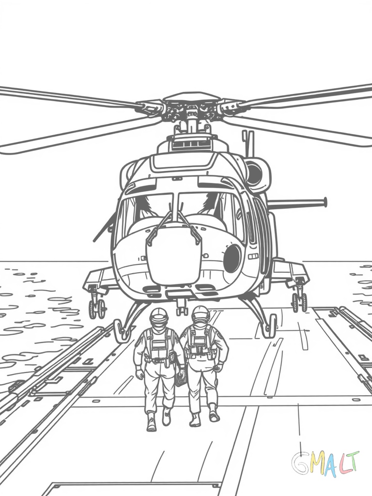 Ein Militärhubschrauber mit zwei Hauptrotoren landet auf einem Flugzeugträger. Zwei Marinepiloten stehen bereit zum Einstieg.
