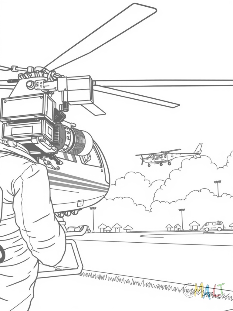 Ein Nachrichtenhubschrauber filmt ein Sportereignis. An der Seite ist ein großes Kameragestell montiert.