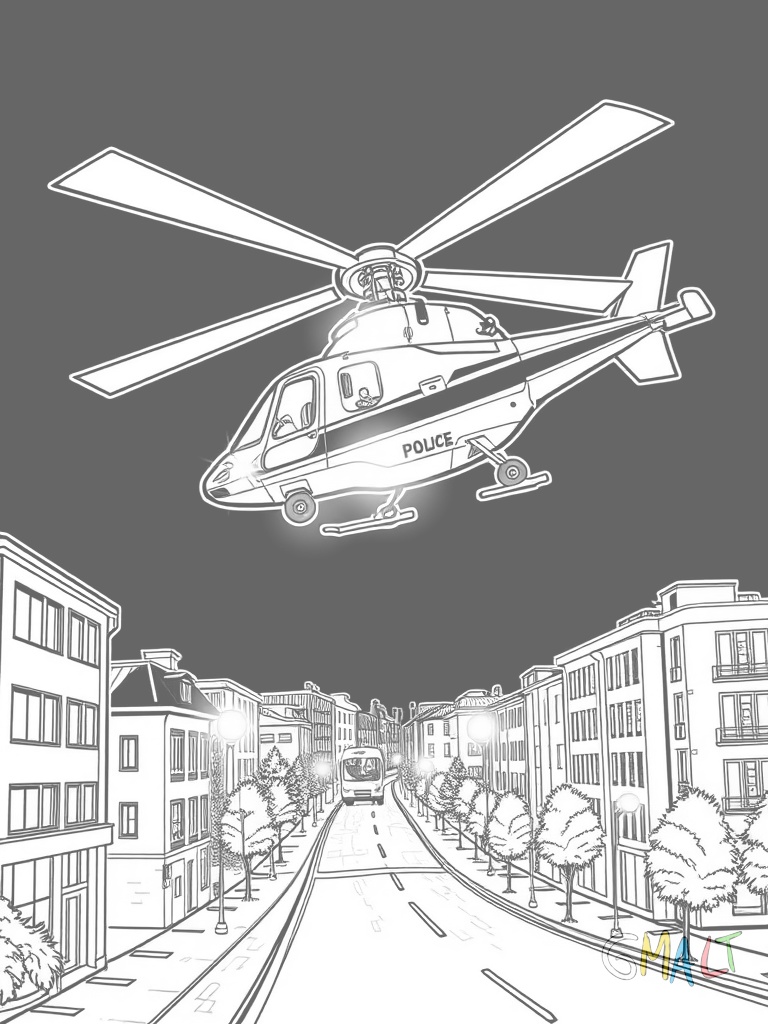 Ein Polizeihubschrauber fliegt bei Nacht über einer Stadt. Der Suchscheinwerfer leuchtet nach unten und die Positionslichter blinken.
