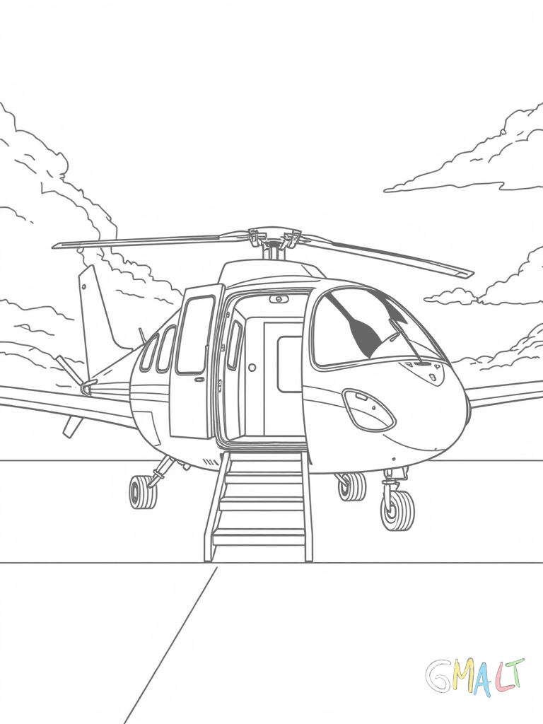 Ein kleiner Privathubschrauber steht auf einem Landeplatz. Die Tür ist geöffnet und eine Treppe führt zum Einstieg.