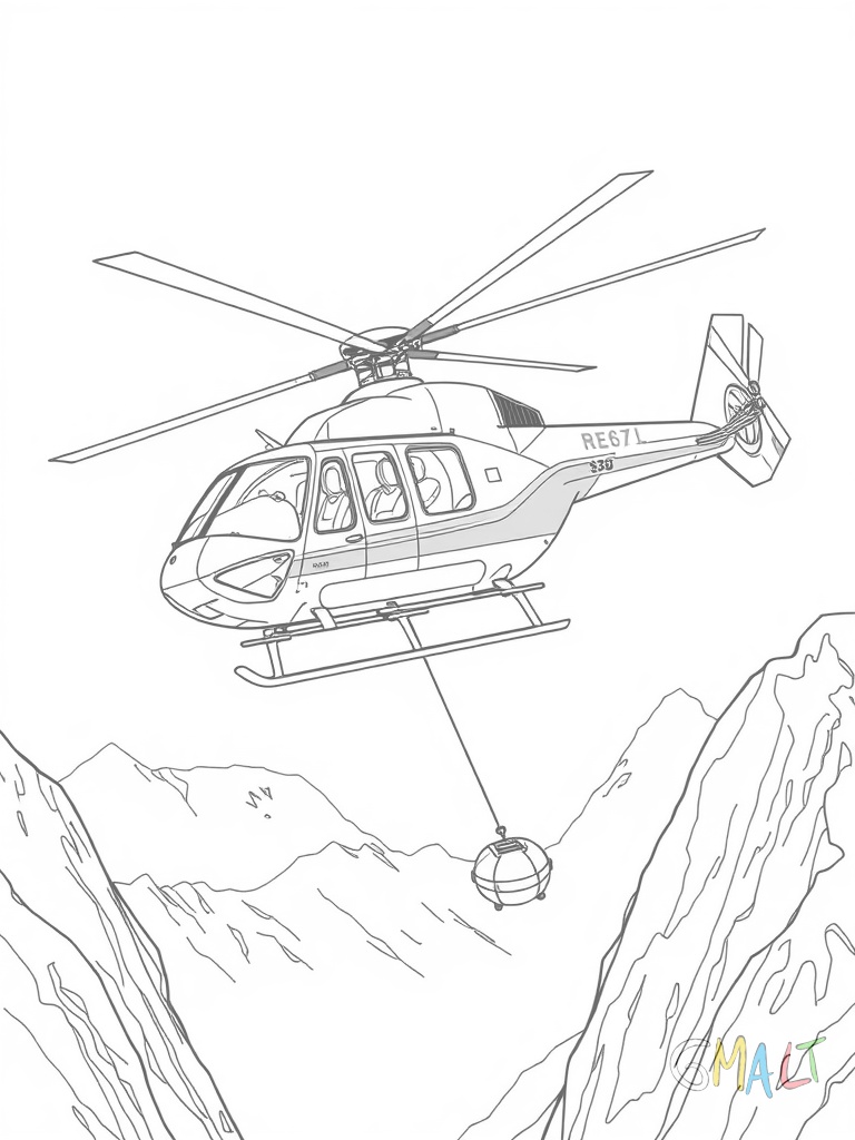Ein großer Rettungshubschrauber schwebt über einem Bergmassiv. Die roten Rotorblätter drehen sich und an der Unterseite baumelt ein Rettungskorb an einem langen Seil.