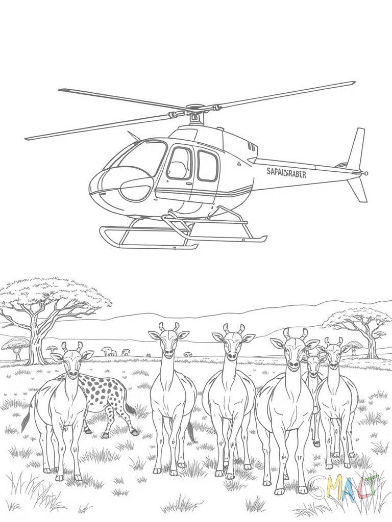 Ein Safari-Hubschrauber landet in der Savanne. Eine Gruppe Giraffen schaut neugierig zum Hubschrauber.