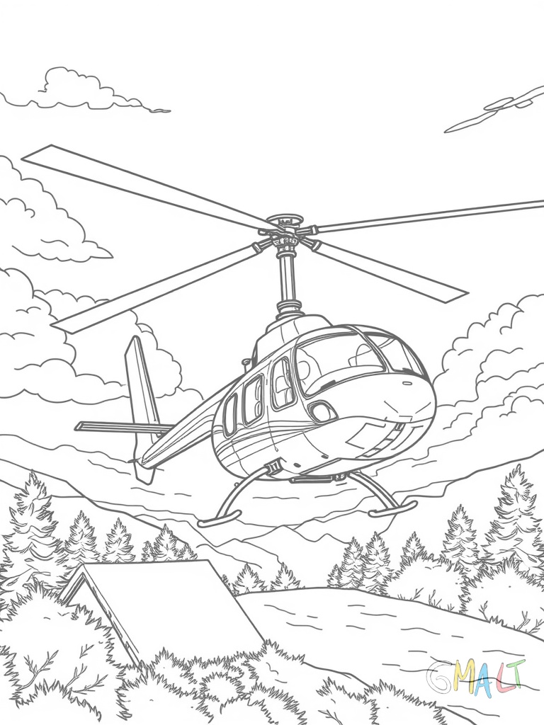Ein Hubschrauber startet von einem Hochhausdach. Die Rotorblätter wirbeln lose Papiere durch die Luft.