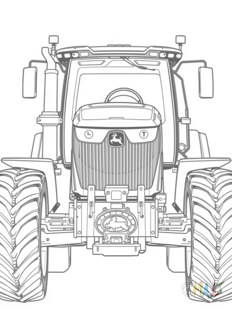 Ein moderner John Deere Traktor von vorne mit imposanter Frontansicht. Die breite Motorhaube zeigt das Hirschlogo. Große Scheinwerfer und der markante Kühlergrill prägen die Vorderansicht.