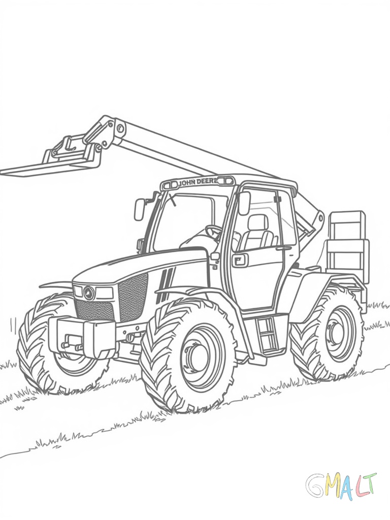 Ein John Deere Teleskoplader mit ausgefahrenem Arm. Der bewegliche Ausleger trägt eine Palettengabel. Die kompakte Fahrerkabine bietet gute Rundumsicht bei der Arbeit.