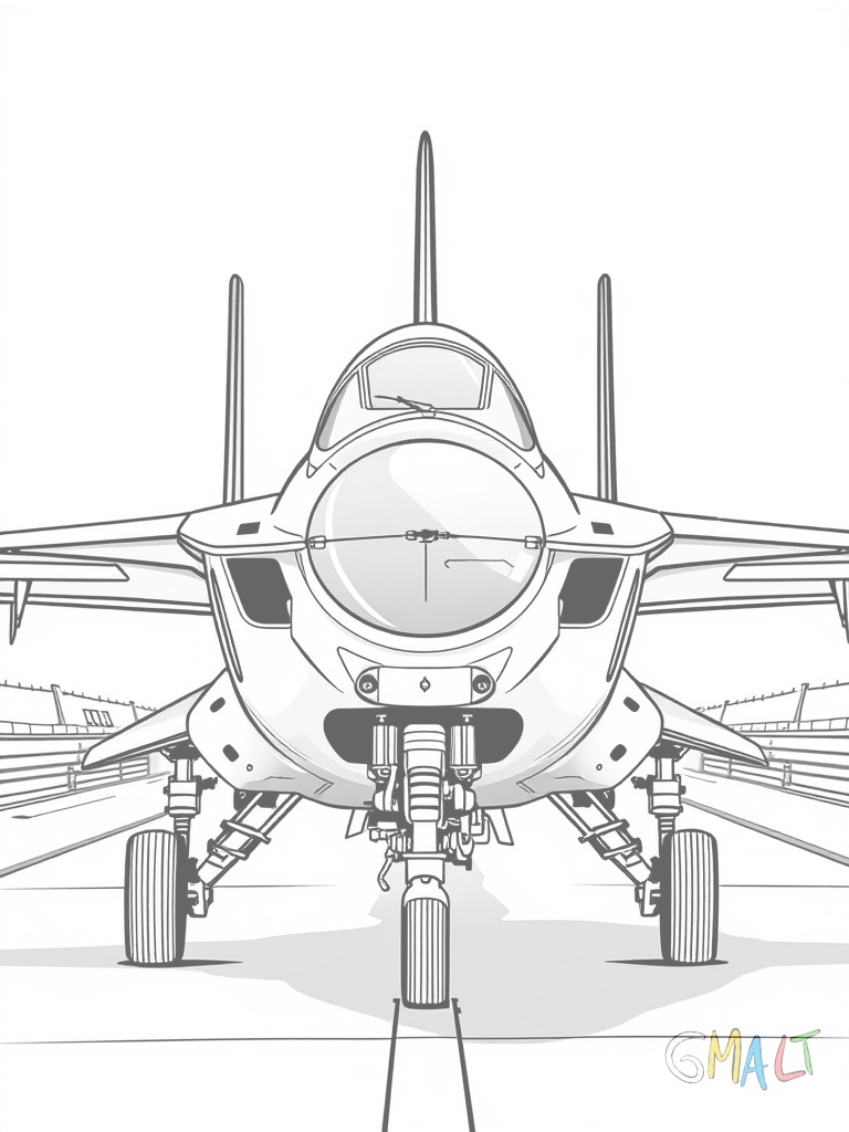 Ein Kampfjet steht auf dem Rollfeld bereit zum Start. Die Räder des Fahrwerks sind ausgefahren. Die spitze Nase zeigt nach links und die Tragflächen erstrecken sich symmetrisch zur Seite.
