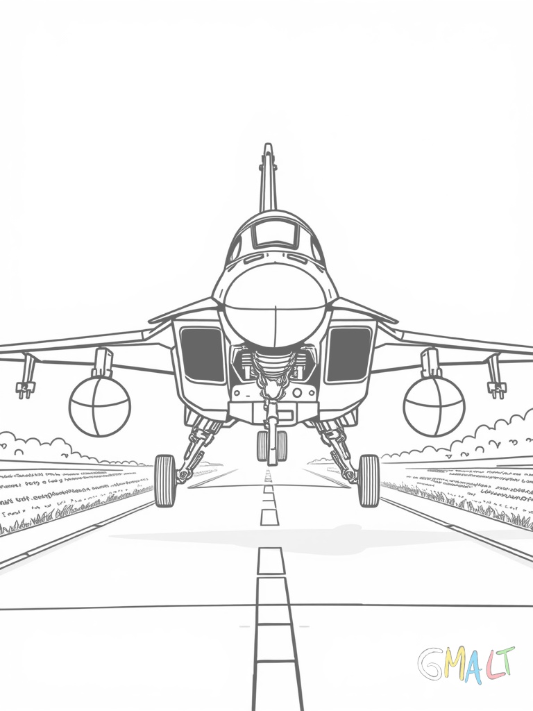 Ein Kampfjet landet auf einer Landebahn. Das Fahrwerk ist ausgefahren und die Bremsklappen sind oben ausgestellt. Der Jet neigt sich leicht nach vorne während er sich dem Boden nähert.