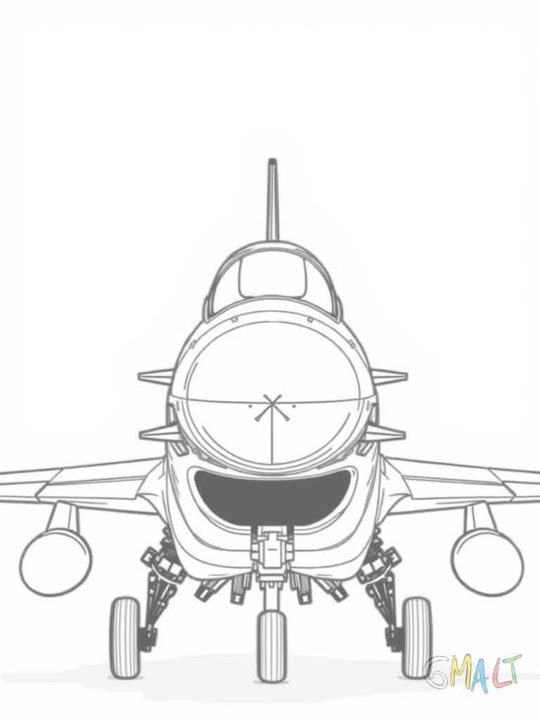 Ein Kampfjet wird von vorne dargestellt. Die runde Flugzeugnase mit dem Radargehäuse ist gut sichtbar. Die dreieckigen Flügel breiten sich zur Seite aus. Das Cockpit sitzt erhöht auf dem Rumpf.
