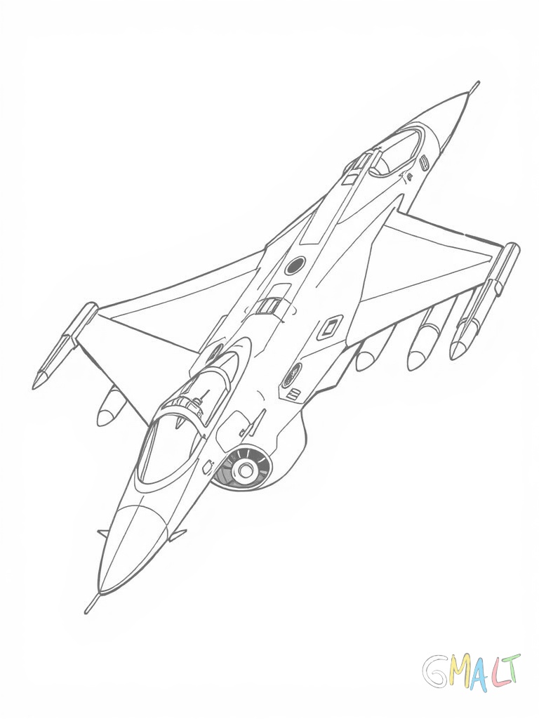 Ein moderner Kampfjet fliegt in einer leichten Rechtskurve nach oben. Die Flügel sind weit ausgebreitet und tragen je zwei Raketen. Das Cockpit ist deutlich zu erkennen und das Seitenleitwerk ragt markant nach oben.