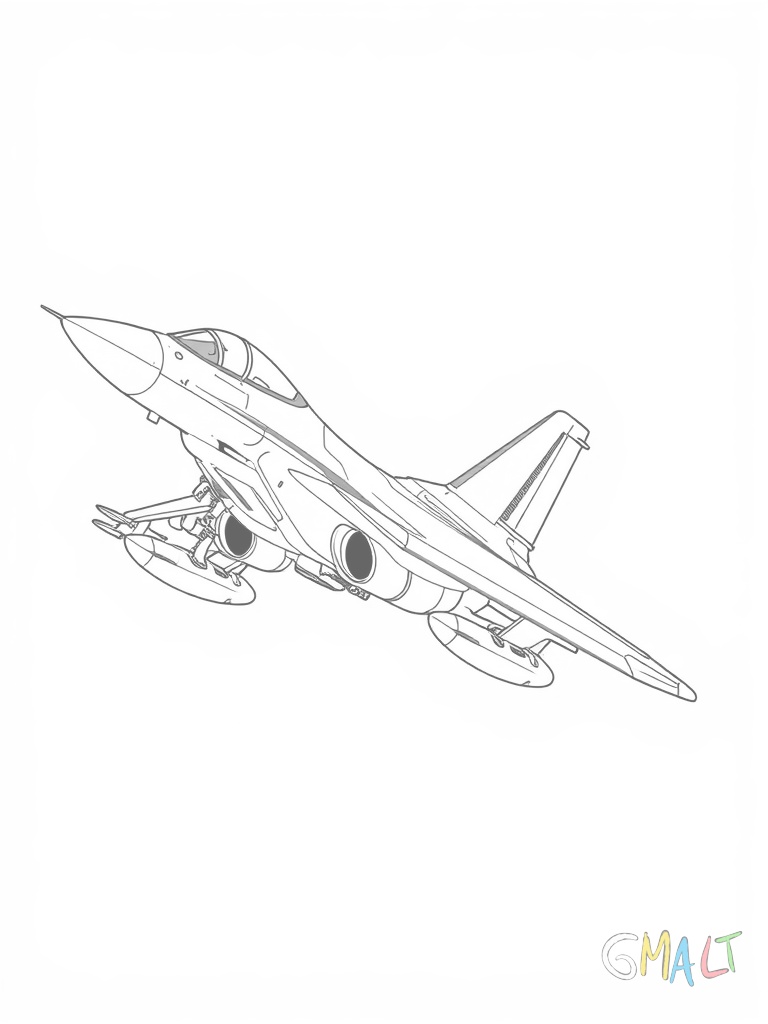Ein Kampfjet wird in der Seitenansicht gezeigt. Die aerodynamische Form ist gut erkennbar mit der spitzen Nase und dem sich verjüngenden Heck. Unter den Flügeln sind Zusatztanks montiert.