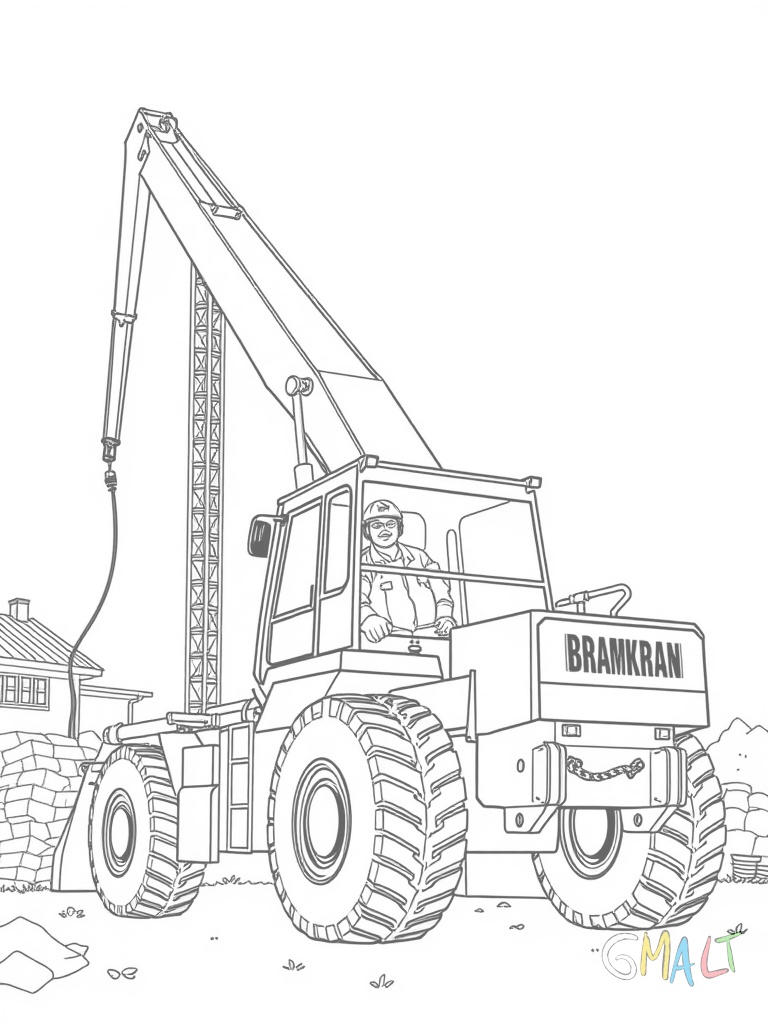 Ein großer Baukran steht auf einer Baustelle. Der lange Auslegerarm zeigt nach rechts und trägt eine Ladung Ziegelsteine. Im Führerhaus sitzt ein lächelnder Kranführer mit Schutzhelm.