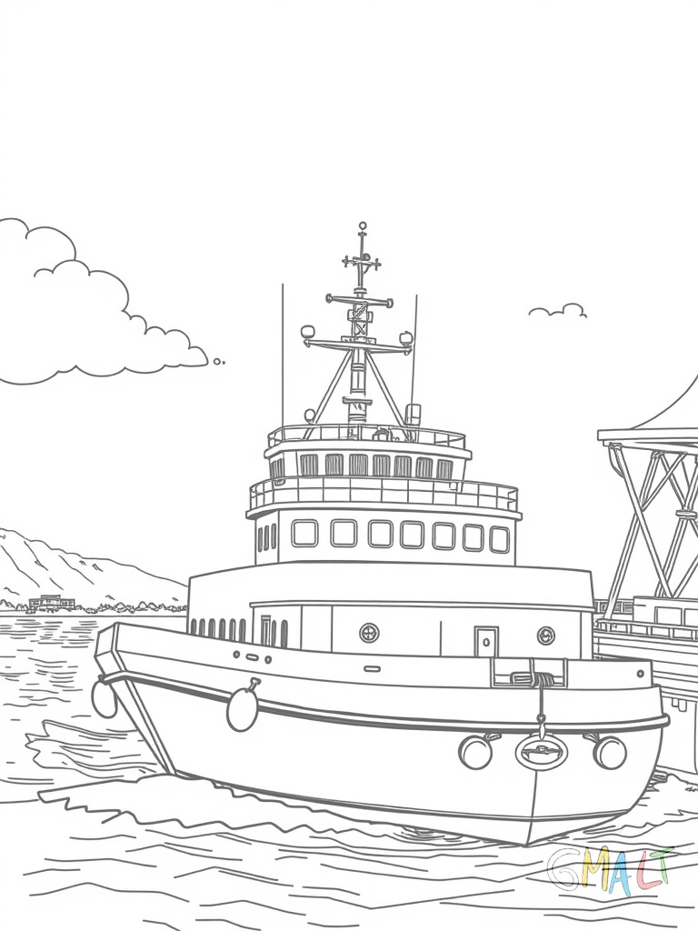 Ein Hafenkran auf Schienen bewegt sich am Kai entlang. Der Greifarm schwenkt über ein Frachtschiff. Die Krankabine befindet sich hoch oben mit guter Sicht auf das Deck.